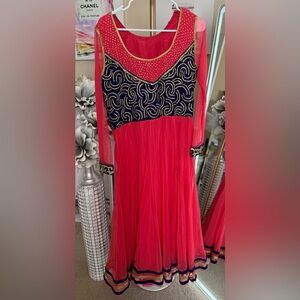 Elegant Pink and Navy Embellished Dress